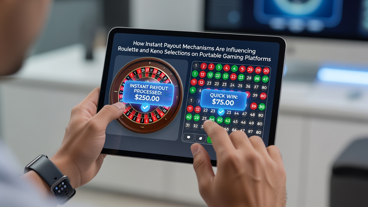 Keno number selection screen on a tablet with instant payout confirmation overlay